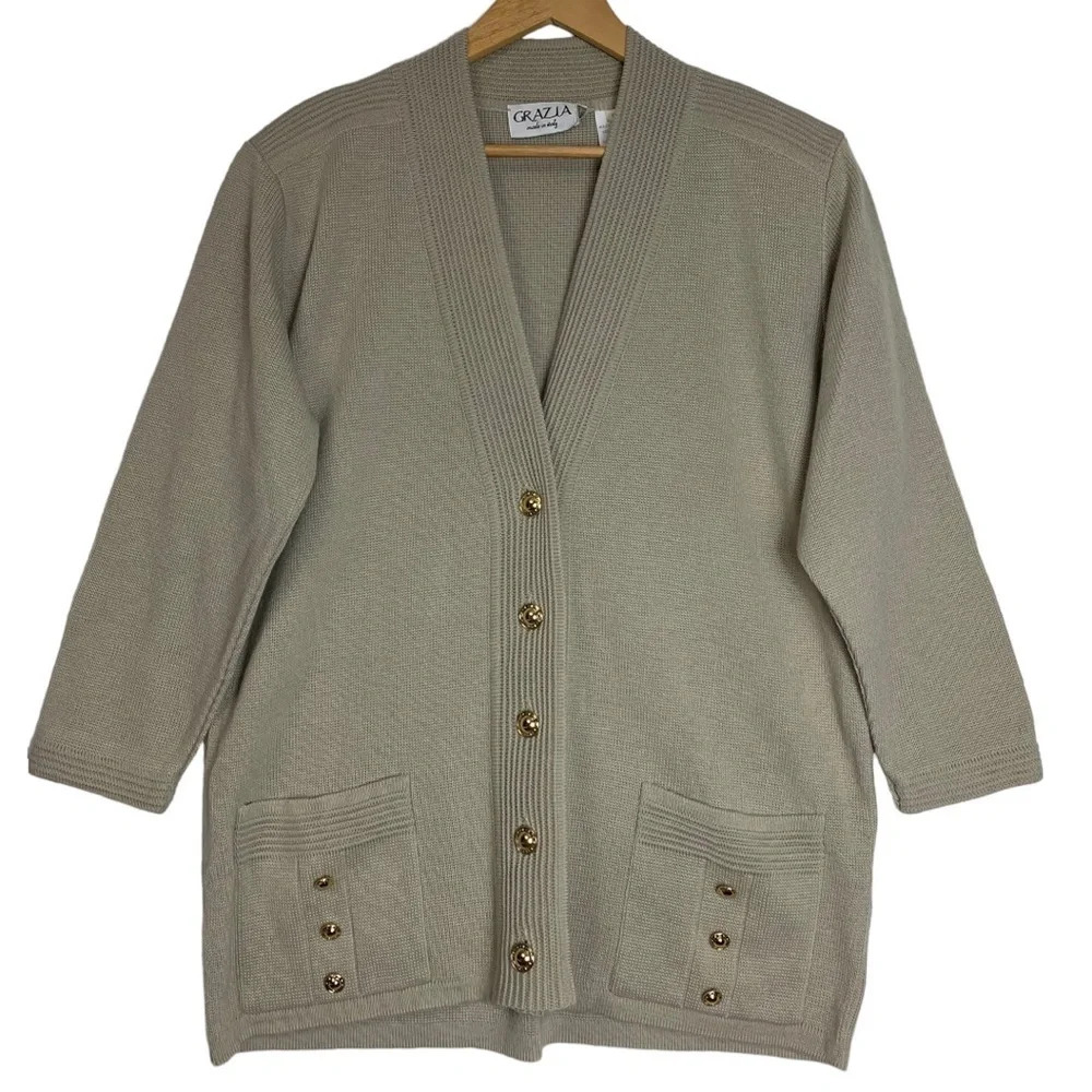 Grazia Made In Italy Wool Blend Button Front Cardigan  Neutral Womens Sz 14 Luxe